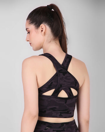 Cross Back Sports Bra - Black Camouflage